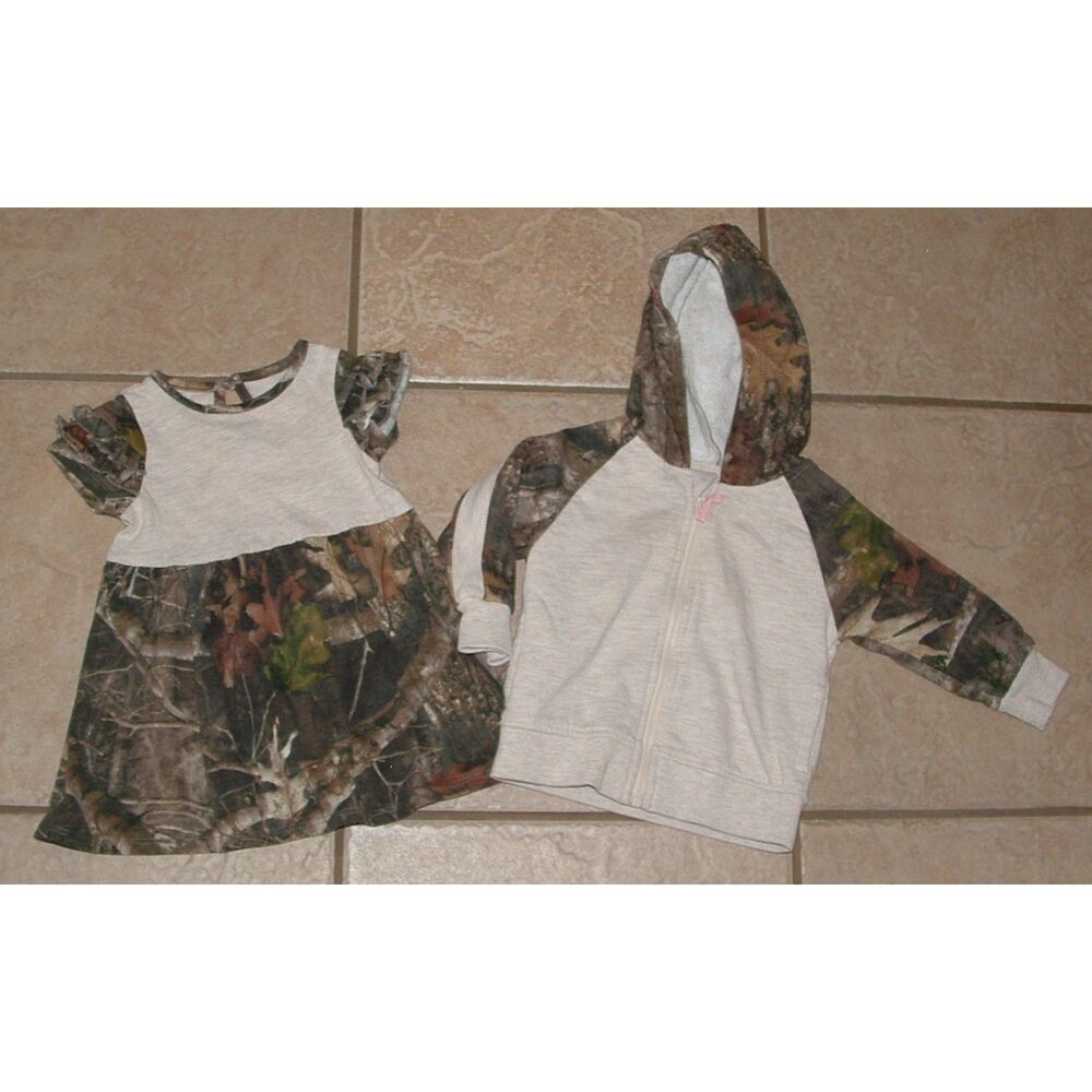 Girls Sz 3 Month Brown Camo Dress & Matching Full Zip Hooded Jacket 2 Pc Set